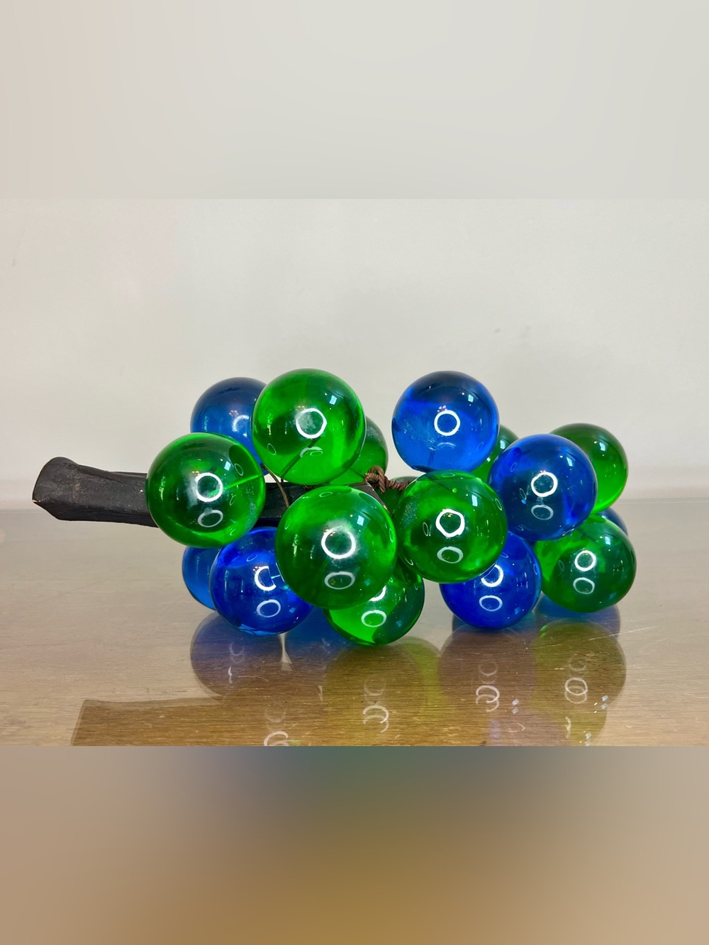 Vintage MCM Lucite Grapes Cluster, Blue and Green, On Drift Wood Stem, 12"